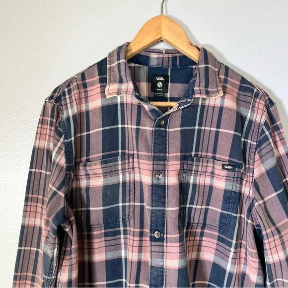 Vans pink navy plaid flannel shirt M cotton Streetwear fall skate core grunge - Picture 3 of 8